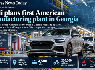 Infographic showing Audi’s planned first American manufacturing plant in Georgia, highlighting the Middle Georgia Megasite, 4,500 targeted jobs, 200,000 vehicles of annual capacity, and strategic pressure from tariffs, slowing sales and premium SUV competition.