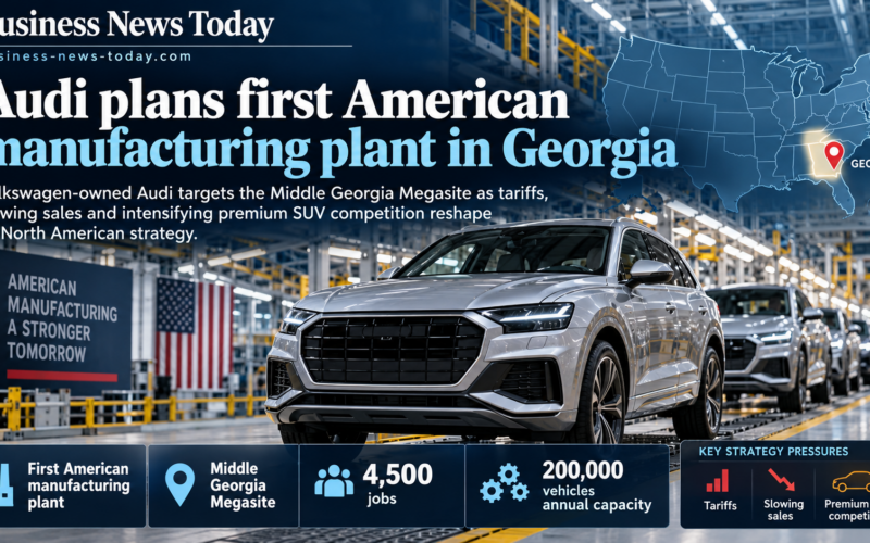Infographic showing Audi’s planned first American manufacturing plant in Georgia, highlighting the Middle Georgia Megasite, 4,500 targeted jobs, 200,000 vehicles of annual capacity, and strategic pressure from tariffs, slowing sales and premium SUV competition.