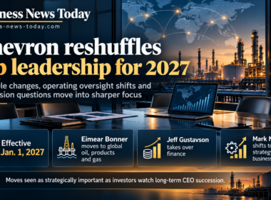 Editorial infographic showing Chevron Corporation’s 2027 executive reshuffle, with an energy industry backdrop, refinery and boardroom visuals, and summary panels highlighting Eimear Bonner’s move to global oil, products and gas, Jeff Gustavson’s appointment to finance, Mark Nelson’s shift toward strategy and business development, and the January 1, 2027 effective date.