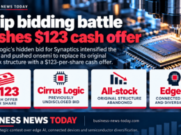 Editorial infographic about Cirrus Logic’s undisclosed bid for Synaptics helping trigger a semiconductor bidding contest, highlighting onsemi’s $123-per-share cash offer, the abandonment of an original all-stock structure, and the broader strategic push into edge AI and connected devices.