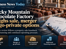Editorial infographic showing Rocky Mountain Chocolate Factory’s strategic review of potential sale, merger and going-private options, featuring chocolate production, financial charts, completed sale-leaseback, additional financing and operating pressures.