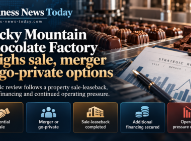 Editorial infographic showing Rocky Mountain Chocolate Factory’s strategic review of potential sale, merger and going-private options, featuring chocolate production, financial charts, completed sale-leaseback, additional financing and operating pressures.