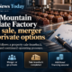 Editorial infographic showing Rocky Mountain Chocolate Factory’s strategic review of potential sale, merger and going-private options, featuring chocolate production, financial charts, completed sale-leaseback, additional financing and operating pressures.