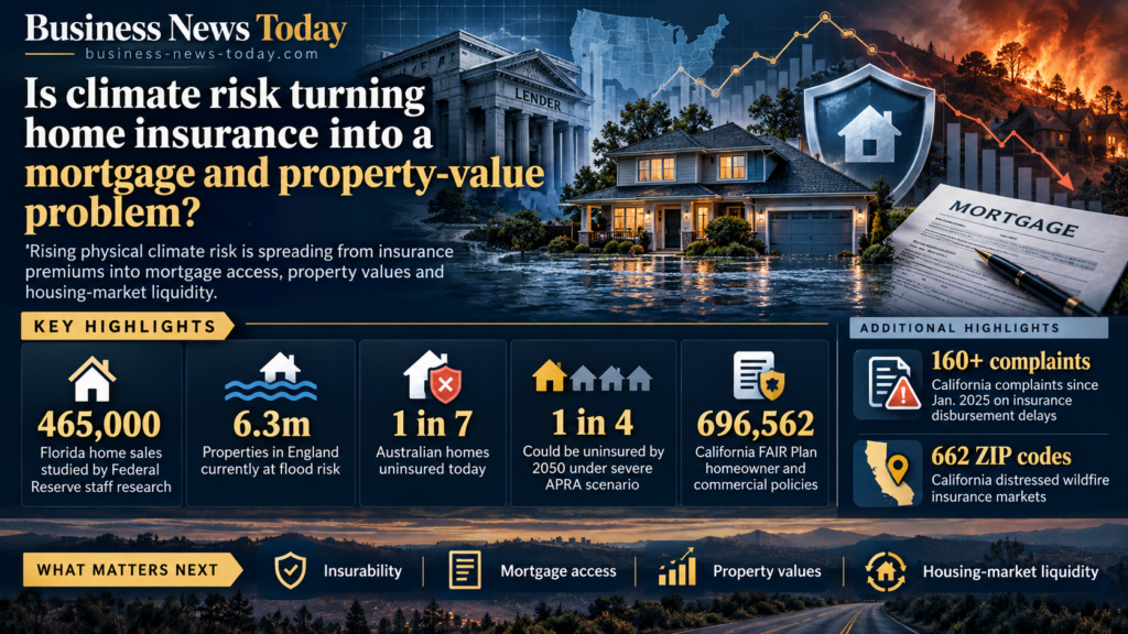 Editorial infographic showing a flood-exposed home, wildfire backdrop, lender building and mortgage document, with key figures on Florida home sales research, flood-risk properties, uninsured homes and California FAIR Plan policies.