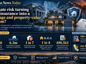 Editorial infographic showing a flood-exposed home, wildfire backdrop, lender building and mortgage document, with key figures on Florida home sales research, flood-risk properties, uninsured homes and California FAIR Plan policies.