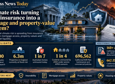 Editorial infographic showing a flood-exposed home, wildfire backdrop, lender building and mortgage document, with key figures on Florida home sales research, flood-risk properties, uninsured homes and California FAIR Plan policies.
