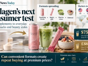 Editorial infographic showing collagen shifting from traditional supplements into sparkling drinks, beauty jelly, matcha mixes and oatmeal across the US, UK and Japan, with highlighted monthly price scenarios of $75 and £88.50 and the central question of whether convenient formats can drive repeat buying at premium prices.