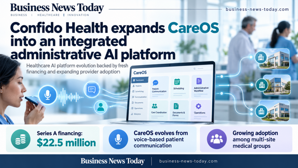 Infographic showing Confido Health expanding CareOS from voice-based patient communication into an integrated administrative AI platform, highlighting $22.5 million in Series A funding and growing adoption among multi-site medical groups.