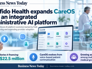 Infographic showing Confido Health expanding CareOS from voice-based patient communication into an integrated administrative AI platform, highlighting $22.5 million in Series A funding and growing adoption among multi-site medical groups.