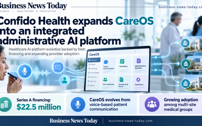 Infographic showing Confido Health expanding CareOS from voice-based patient communication into an integrated administrative AI platform, highlighting $22.5 million in Series A funding and growing adoption among multi-site medical groups.