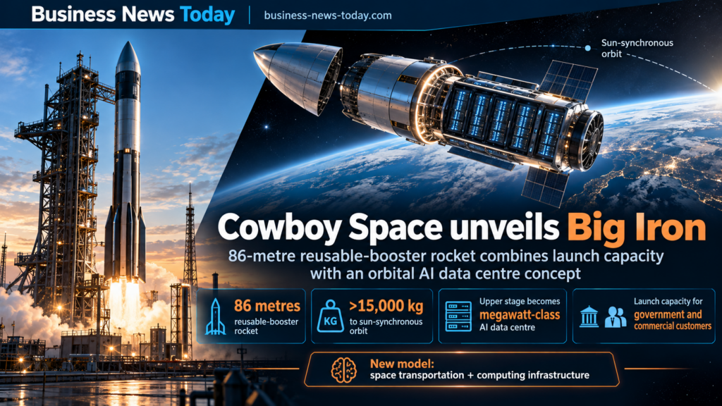 Infographic showing Cowboy Space’s Big Iron rocket, highlighting its 86-metre reusable-booster design, payload capacity of more than 15,000 kilograms to sun-synchronous orbit, and concept for turning the upper stage into a megawatt-class AI data centre.