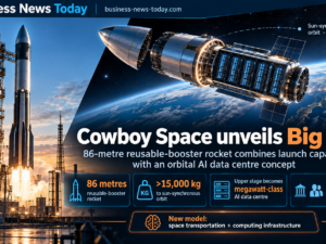 Infographic showing Cowboy Space’s Big Iron rocket, highlighting its 86-metre reusable-booster design, payload capacity of more than 15,000 kilograms to sun-synchronous orbit, and concept for turning the upper stage into a megawatt-class AI data centre.