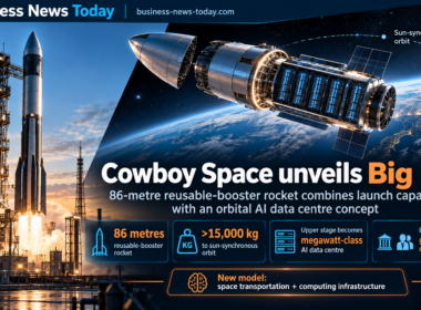 Infographic showing Cowboy Space’s Big Iron rocket, highlighting its 86-metre reusable-booster design, payload capacity of more than 15,000 kilograms to sun-synchronous orbit, and concept for turning the upper stage into a megawatt-class AI data centre.