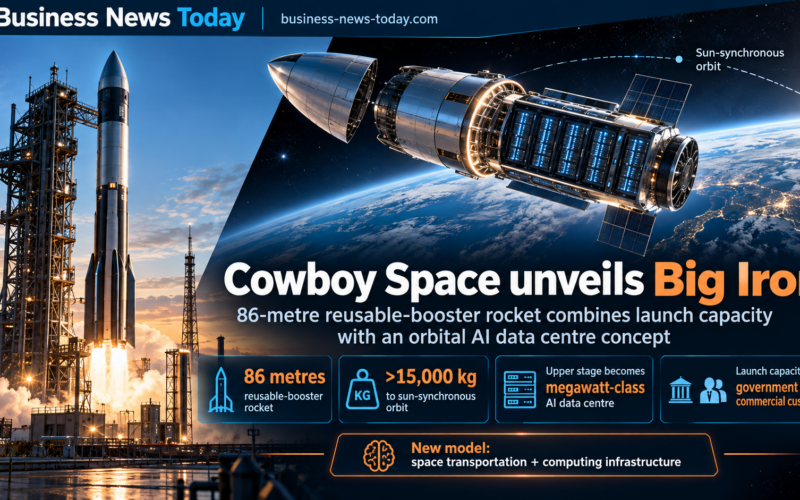Infographic showing Cowboy Space’s Big Iron rocket, highlighting its 86-metre reusable-booster design, payload capacity of more than 15,000 kilograms to sun-synchronous orbit, and concept for turning the upper stage into a megawatt-class AI data centre.