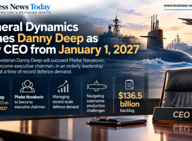 Editorial infographic highlighting General Dynamics Corporation’s CEO succession, featuring a military submarine, naval vessels and an executive boardroom, with key details on Danny Deep becoming CEO on January 1, 2027, Phebe Novakovic moving to executive chairman, a $136.5 billion defence backlog and submarine production challenges.