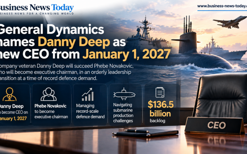 Editorial infographic highlighting General Dynamics Corporation’s CEO succession, featuring a military submarine, naval vessels and an executive boardroom, with key details on Danny Deep becoming CEO on January 1, 2027, Phebe Novakovic moving to executive chairman, a $136.5 billion defence backlog and submarine production challenges.