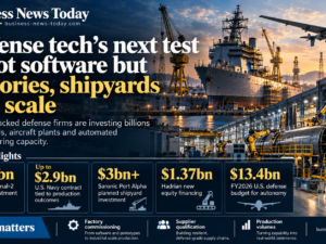 Editorial infographic showing a U.S. defense shipyard, automated factory production and an unmanned aircraft, highlighting billions in planned defense manufacturing investment.