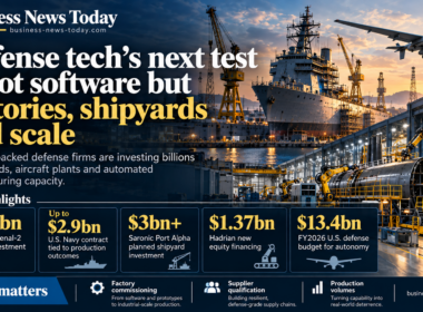 Editorial infographic showing a U.S. defense shipyard, automated factory production and an unmanned aircraft, highlighting billions in planned defense manufacturing investment.