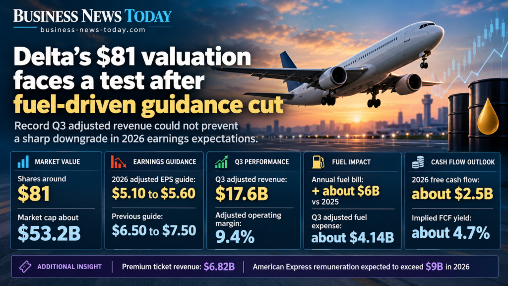 Business News Today infographic showing a passenger aircraft, Delta Air Lines’ $81 share valuation, reduced 2026 earnings guidance, $17.6 billion quarterly adjusted revenue, rising fuel costs and a 4.7% free cash-flow yield.