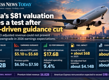 Business News Today infographic showing a passenger aircraft, Delta Air Lines’ $81 share valuation, reduced 2026 earnings guidance, $17.6 billion quarterly adjusted revenue, rising fuel costs and a 4.7% free cash-flow yield.