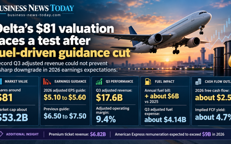 Business News Today infographic showing a passenger aircraft, Delta Air Lines’ $81 share valuation, reduced 2026 earnings guidance, $17.6 billion quarterly adjusted revenue, rising fuel costs and a 4.7% free cash-flow yield.