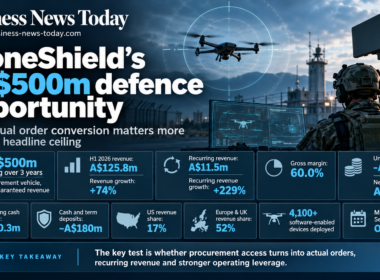 DroneShield infographic highlighting its US$500 million defence procurement ceiling, A$125.8 million half-year revenue, 74% growth, recurring revenue and financial performance, alongside counter-drone radar imagery.