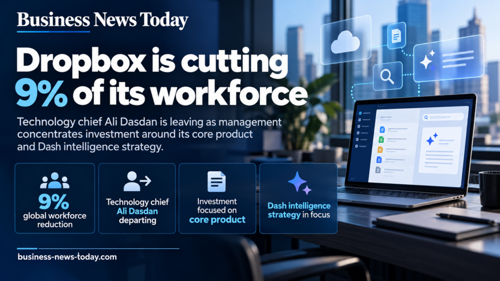 Infographic showing Dropbox’s 9% global workforce reduction, the departure of technology chief Ali Dasdan, and the company's strategic shift towards its core product and Dash intelligence platform.
