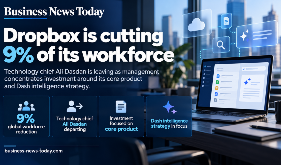Infographic showing Dropbox’s 9% global workforce reduction, the departure of technology chief Ali Dasdan, and the company's strategic shift towards its core product and Dash intelligence platform.