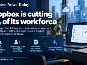 Infographic showing Dropbox’s 9% global workforce reduction, the departure of technology chief Ali Dasdan, and the company's strategic shift towards its core product and Dash intelligence platform.