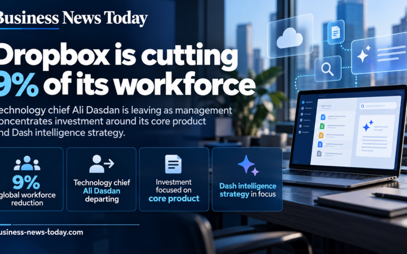 Infographic showing Dropbox’s 9% global workforce reduction, the departure of technology chief Ali Dasdan, and the company's strategic shift towards its core product and Dash intelligence platform.