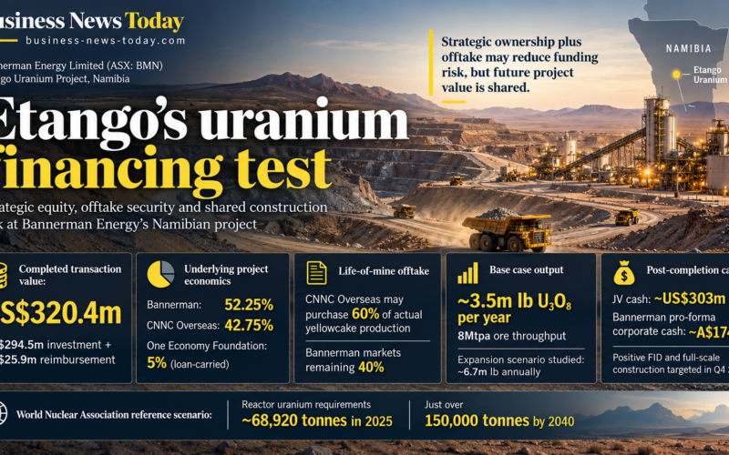 Editorial infographic on Bannerman Energy Limited’s Etango Uranium Project in Namibia, highlighting the US$320.4 million CNNC Overseas transaction, project ownership, 60% uranium offtake, planned 3.5 million-pound annual output and post-completion cash position.