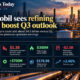 Editorial infographic showing an oil refinery at sunset with market-style chart lines and key ExxonMobil Q3 2026 indicators, including a $4.5 billion refining-margin uplift, a $1.3 billion upstream hit from lower liquids prices, a $2.5 billion timing effect, and an October 30, 2026 results date.
