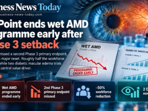 Editorial infographic showing EyePoint ending its pivotal wet AMD programme after a second failed Phase 3 primary endpoint, with eye imagery, trial charts, a workforce reduction highlight, and two diabetic macular edema trials presented as the company’s remaining focus.