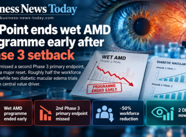 Editorial infographic showing EyePoint ending its pivotal wet AMD programme after a second failed Phase 3 primary endpoint, with eye imagery, trial charts, a workforce reduction highlight, and two diabetic macular edema trials presented as the company’s remaining focus.