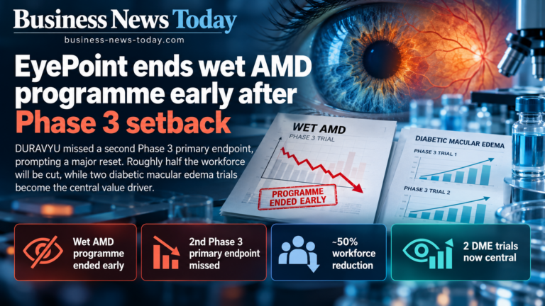 Editorial infographic showing EyePoint ending its pivotal wet AMD programme after a second failed Phase 3 primary endpoint, with eye imagery, trial charts, a workforce reduction highlight, and two diabetic macular edema trials presented as the company’s remaining focus.