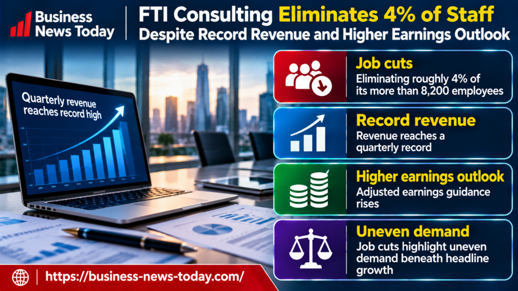 Infographic showing FTI Consulting’s planned reduction of roughly 4% of its workforce of more than 8,200 employees, despite record quarterly revenue and higher adjusted earnings guidance, highlighting uneven business demand.