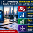Infographic showing FTI Consulting’s planned reduction of roughly 4% of its workforce of more than 8,200 employees, despite record quarterly revenue and higher adjusted earnings guidance, highlighting uneven business demand.