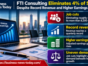 Infographic showing FTI Consulting’s planned reduction of roughly 4% of its workforce of more than 8,200 employees, despite record quarterly revenue and higher adjusted earnings guidance, highlighting uneven business demand.