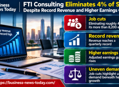 Infographic showing FTI Consulting’s planned reduction of roughly 4% of its workforce of more than 8,200 employees, despite record quarterly revenue and higher adjusted earnings guidance, highlighting uneven business demand.