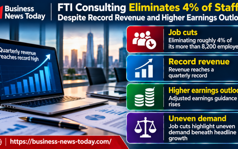 Infographic showing FTI Consulting’s planned reduction of roughly 4% of its workforce of more than 8,200 employees, despite record quarterly revenue and higher adjusted earnings guidance, highlighting uneven business demand.