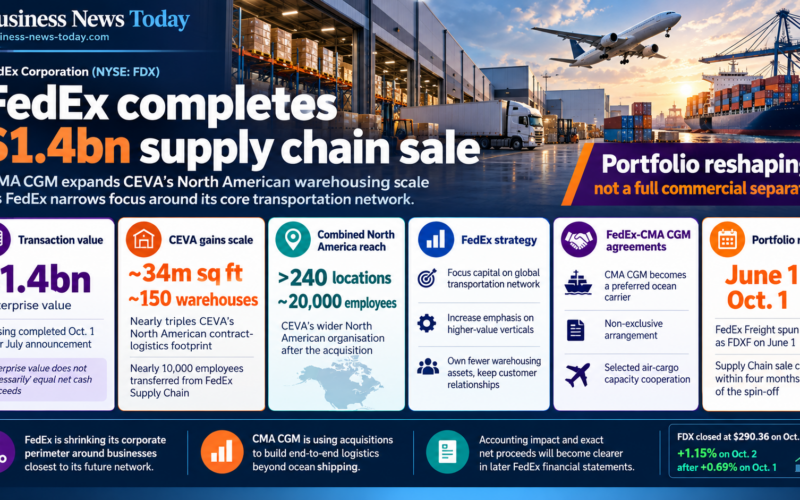 Editorial infographic on FedEx Corporation’s $1.4 billion sale of FedEx Supply Chain to CMA CGM Group, highlighting roughly 34 million square feet of warehouse space, around 150 warehouses, more than 240 North American locations and nearly 10,000 transferred employees.