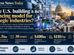 Editorial infographic showing U.S. government-backed financing for strategic industries, with semiconductor manufacturing, critical minerals and Washington imagery, highlighting key figures including $1.5 billion for Wolfspeed, $400 million for MP Materials and $10 billion for Project Vault.