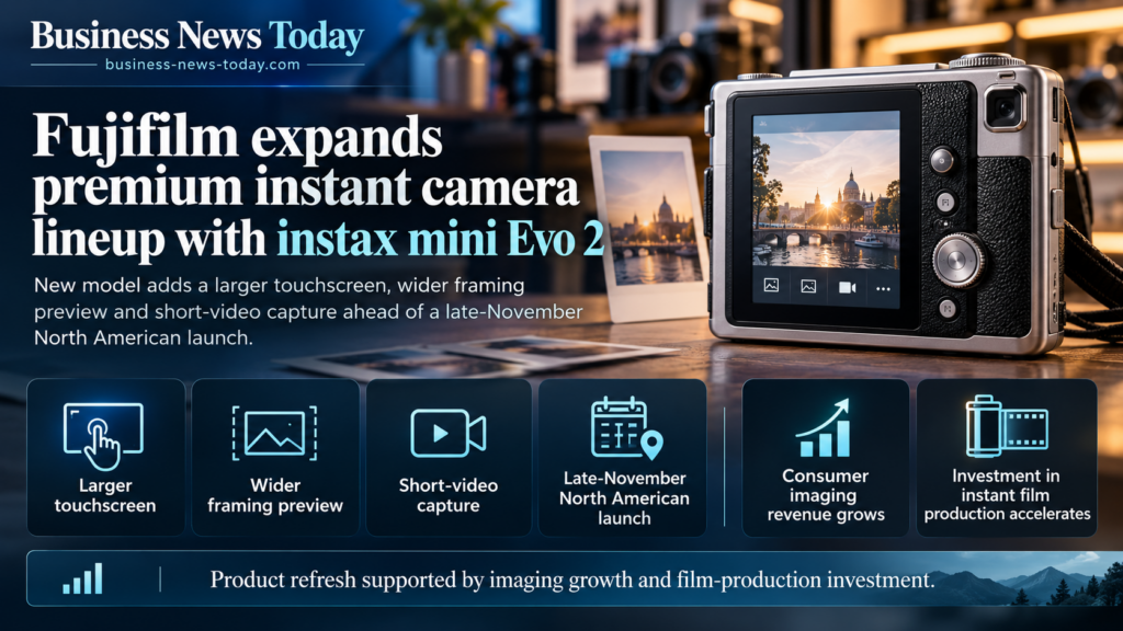 Infographic highlighting Fujifilm’s instax mini Evo 2 premium instant camera, featuring a larger touchscreen, wider framing preview, short-video capture and a planned late-November North American launch.