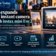 Infographic highlighting Fujifilm’s instax mini Evo 2 premium instant camera, featuring a larger touchscreen, wider framing preview, short-video capture and a planned late-November North American launch.