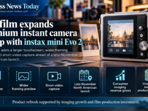 Infographic highlighting Fujifilm’s instax mini Evo 2 premium instant camera, featuring a larger touchscreen, wider framing preview, short-video capture and a planned late-November North American launch.