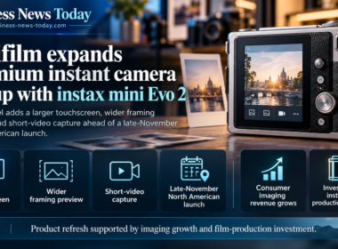 Infographic highlighting Fujifilm’s instax mini Evo 2 premium instant camera, featuring a larger touchscreen, wider framing preview, short-video capture and a planned late-November North American launch.
