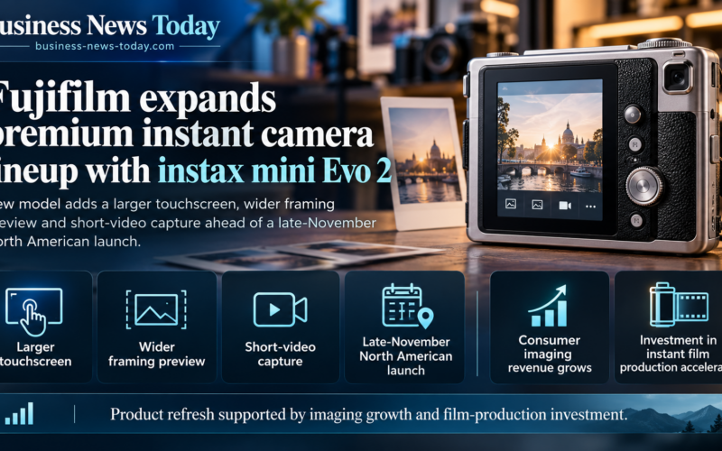 Infographic highlighting Fujifilm’s instax mini Evo 2 premium instant camera, featuring a larger touchscreen, wider framing preview, short-video capture and a planned late-November North American launch.
