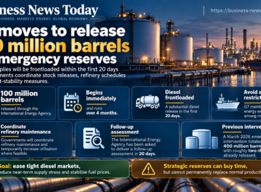 Business News Today infographic showing the G7 plan to release 100 million barrels of emergency energy reserves through the International Energy Agency over four months, with diesel supplies frontloaded in the first 20 days and refinery maintenance coordinated to ease fuel-market pressure.