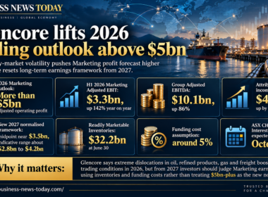 Business News Today infographic showing Glencore’s 2026 Marketing profit outlook above $5 billion, alongside first-half Marketing Adjusted EBIT of $3.3 billion, Group Adjusted EBITDA of $10.1 billion and the new 2027 normalised earnings framework.