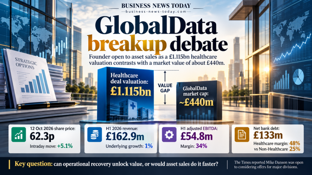 GlobalData breakup infographic comparing its historical £1.115 billion Healthcare valuation with its approximately £440 million market capitalisation, alongside share price, revenue, EBITDA and debt figures.